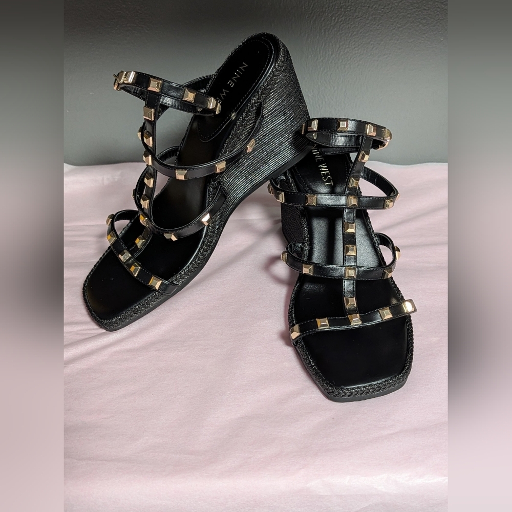 Nine West Black Studded Wedge Sandals
